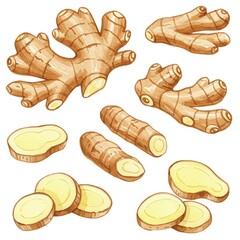 Ginger Root Isolated on White Background Watercolor Collection Illustration