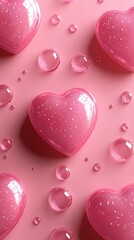 Heart-shaped pink soap bars surrounded by sparkling water droplets on a pink background