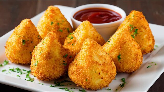 Delicious, crispy chicken coxinha with ketchup