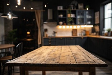 Wooden platform blurred background of kitchen. Copy free space for products and food varietiesfor product.