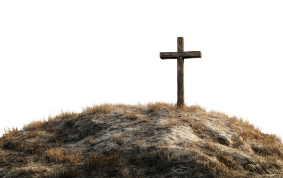 Wooden cross is on a hillside, surrounded by dry grass
