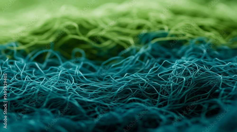 Poster Close-up of a digital matrix with blue and green data nodes linked by lines, symbolizing a cyber network of advanced technology and communication