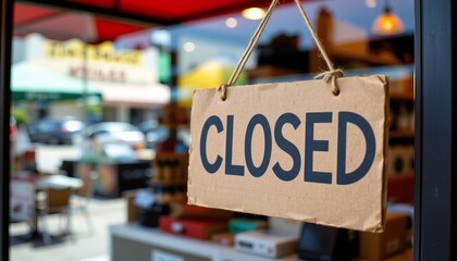 Closed sign hanging in storefront with blurred background of shop and colorful umbrellas during the day