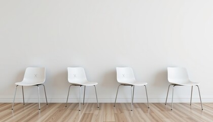 Obraz premium Minimalist Design of Four White Chairs Against a Clean Wall with Light Wooden Flooring in Modern Interior Space