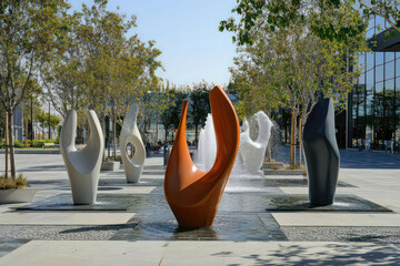 Public plaza with modern sculptures and water fountains