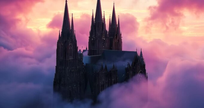 A gothic cathedral emerges from a sea of pink and purple clouds at sunset.