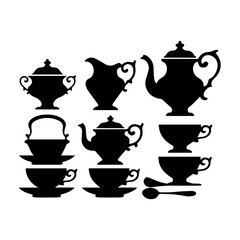 Silhouettes of vintage tea and coffee sets including teapots, creamers, sugar bowls, cups, saucers, and spoons arranged on a white background in a classic, symmetrical layout.