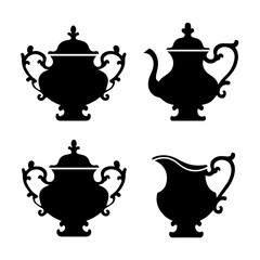 Silhouettes of vintage tea and coffee sets including teapots, creamers, sugar bowls, cups, saucers, and spoons arranged on a white background in a classic, symmetrical layout.