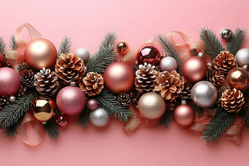 Pink background with Christmas ornaments, pine cones, greenery, and ribbon forming a central horizontal arrangement