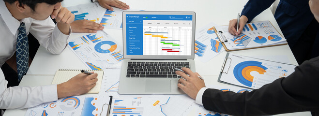 Project planning software for brisk business project management on the computer screen showing...