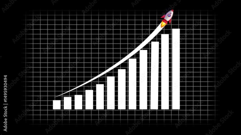 Poster abstract business graph animation on black background with rocket icon .business growth concept in a