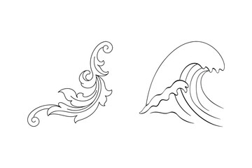 Black and white line art of ornamental flourish and ocean wave elements