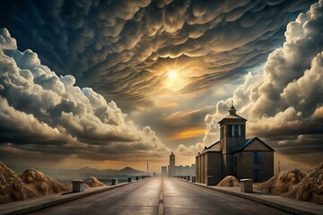 Dramatic Cloudy Sky over a Deserted Road Leading to a Historic Building