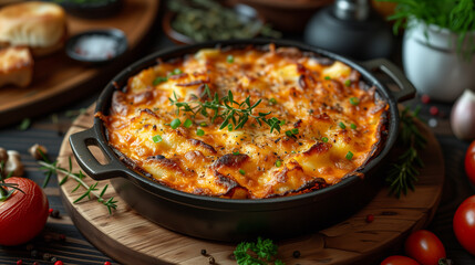 A casserole of macaroni and cheese rests on a rustic wooden tableware