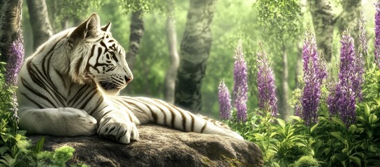 Horizontal banner depicting a white tiger lying down amidst tropical plants and leaves on a blurred background of nature