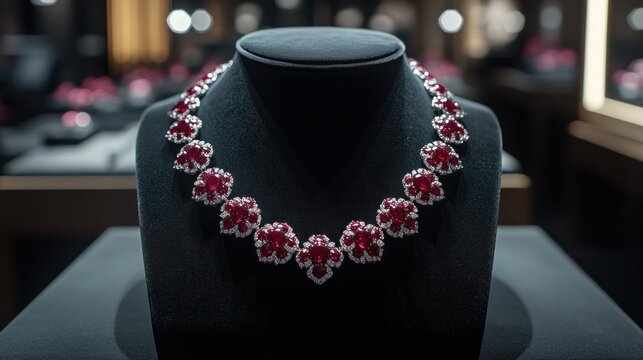 Luxury ruby and diamond necklace on display