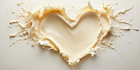 Milk splashes create a heart shape on a plain background, symbolizing love and creativity in dessert preparation
