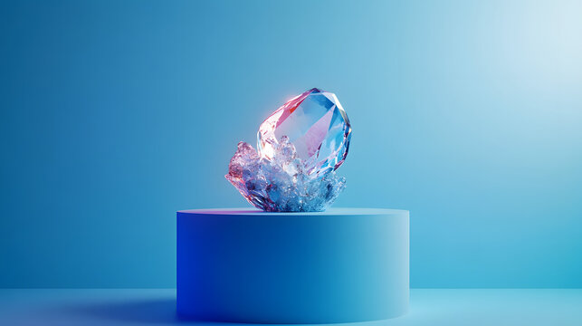Crystal trophy on a blue background with ample space for customization. (Podium)