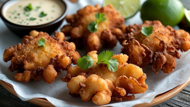 Delicious deep fried conch fritters with lime sauce
