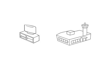 Simple outline illustrations of a television stand and an airport control tower concept