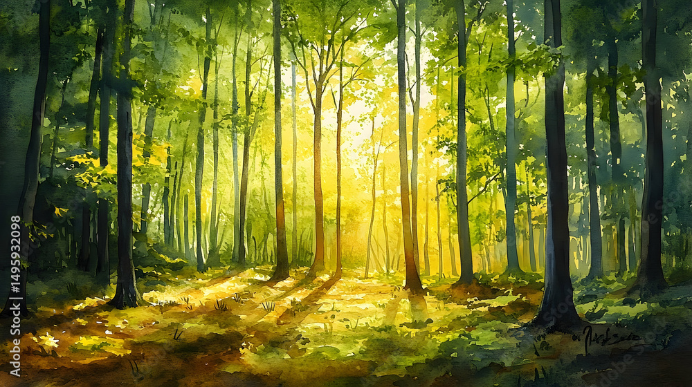 Poster sunlight streams through a dense forest.