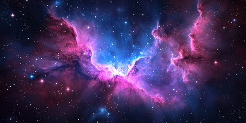 Naklejka premium mesmerizing rendering of a stellar nebula where electric blue gaseous clouds blend into vibrant magenta, forming a swirling cosmic dust cluster illuminated by scattered constellations in deep space