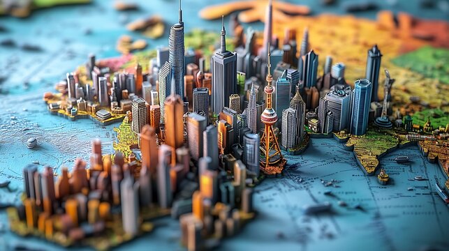 Realistic city model with colorful skyscrapers and lush landscapes captured from the air with image