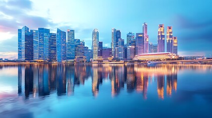 Fototapeta premium Singapore’s iconic city skyline at night reflecting on Marina Bay with picture