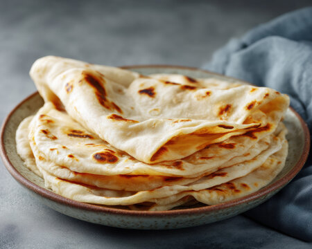 Top down view of soft rumali roti quarters stacked on ceramic plate with steam effect..