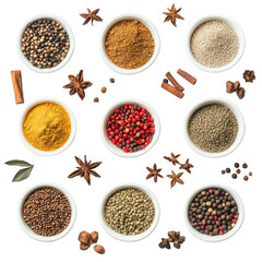 A Colorful Array of Spices in Bowls for Culinary Inspiration and Flavor Enhancement on transparent background