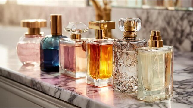 A selection of six perfume bottles with different colours and designs arranged in a row 