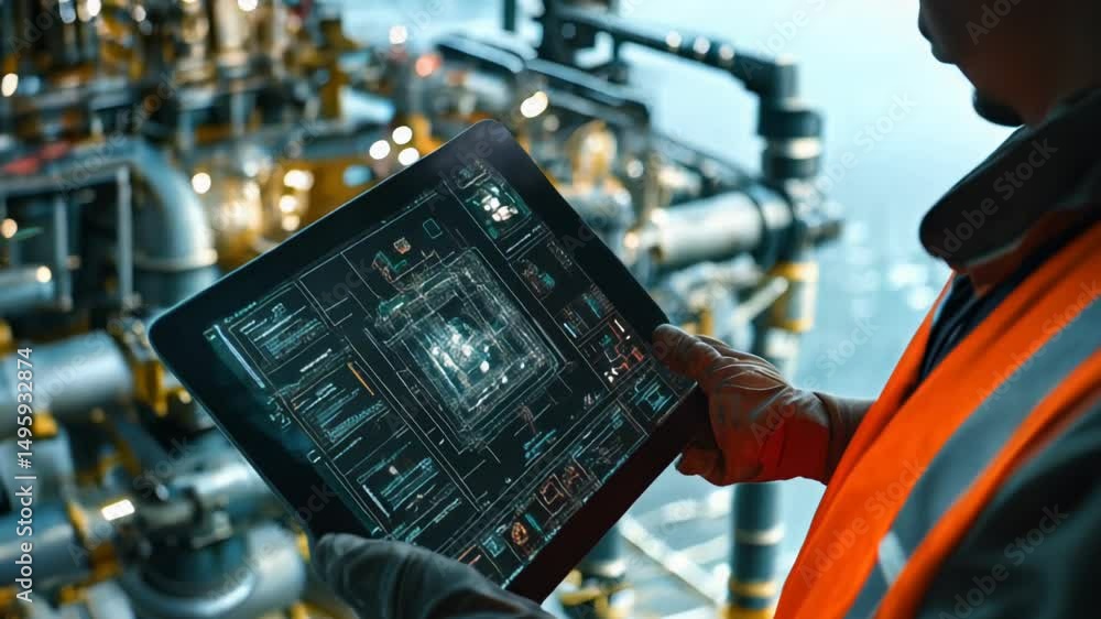 Poster an industrial worker efficiently uses a tablet to closely monitor and manage machinery in a hightech