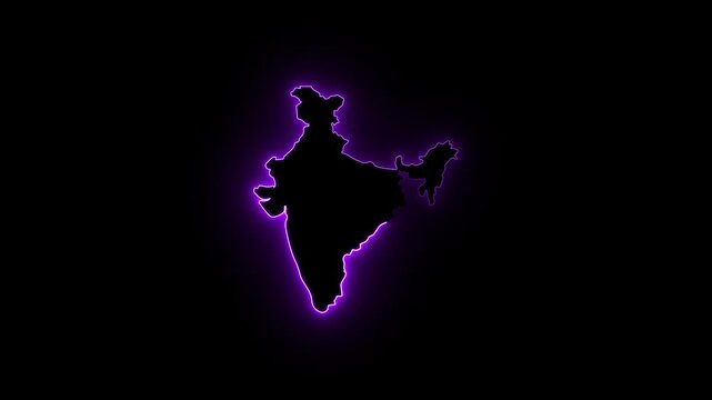 Neon glowing India map icon animation on dark background, digital outline of Indian subcontinent, ideal for technology themes, geographic visuals, patriotic designs, and futuristic interface graphics