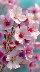 Delicate Pink Blossoms in Full Bloom: A Serene Close-Up of Floral Beauty and Soft Petals Against a Sky-Blue Background.