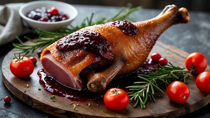 Delicious roasted duck leg with cranberry sauce