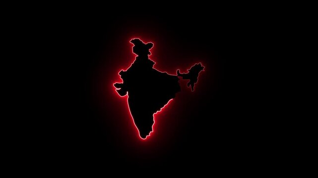 Neon glowing India map icon animation on dark background, digital outline of Indian subcontinent, ideal for technology themes, geographic visuals, patriotic designs, and futuristic interface graphics
