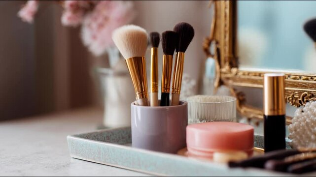 Makeup brushes and accessories arranged on a vanity 