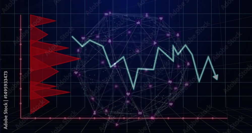 Poster pointer flickering sparking sphere and flags building, graph zigzagging then fading showing trends
