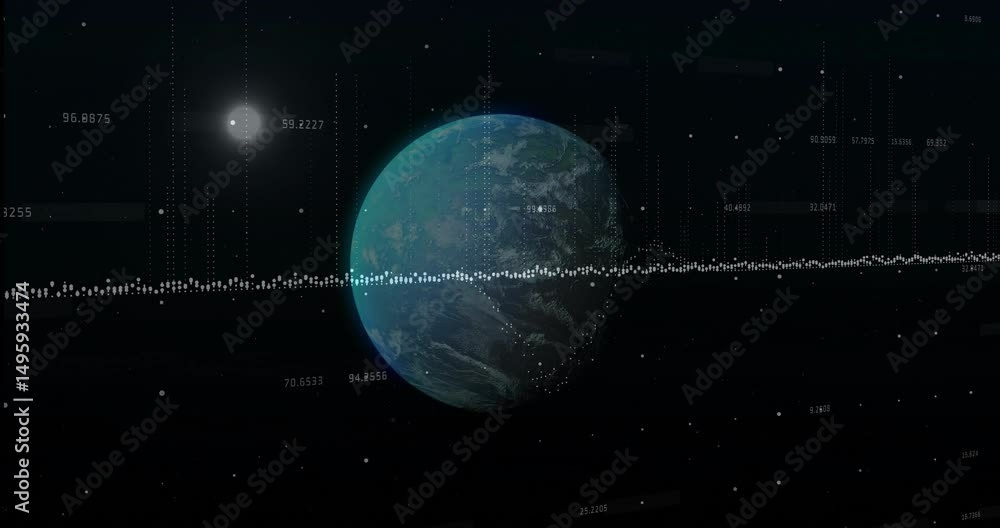 Aufkleber planet view starting waveform scrolling over it, streams rising and star flickering displaying data