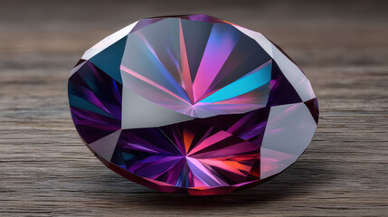 Obraz premium A dazzling gemstone with vibrant purple, blue, and pink hues reflecting light, rests on a textured wooden surface creating an enchanting visual spectacle of luxury.