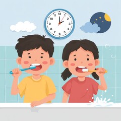 Kids brushing teeth in bathroom.  Time for oral hygiene