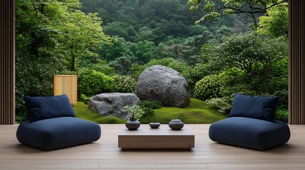 Tranquil zen-inspired room overlooking a lush garden