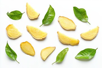 Fresh Ginger Slices Surrounded by Vibrant Green Leaves on a Pure White Background