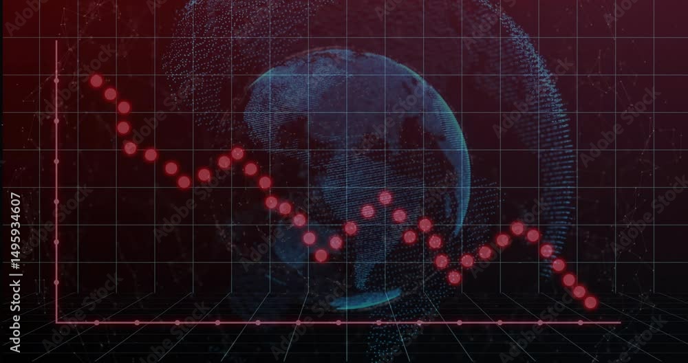 Poster red data points appearing near rotating 3d globe and forming descending line showing trend on grid