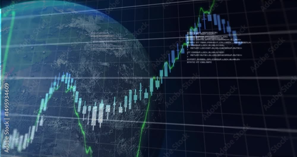 Poster globe entering grid fading candlesticks rising lines oscillating, visualizing market data