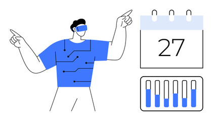 Man wearing VR headset with circuit-patterned shirt pointing up, calendar displaying 27, graph-style progress bars. Ideal for technology, innovation, scheduling, productivity, VR, analytics simple