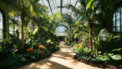 Serene Tropical Greenhouse: A Pathway Through Lush Paradise