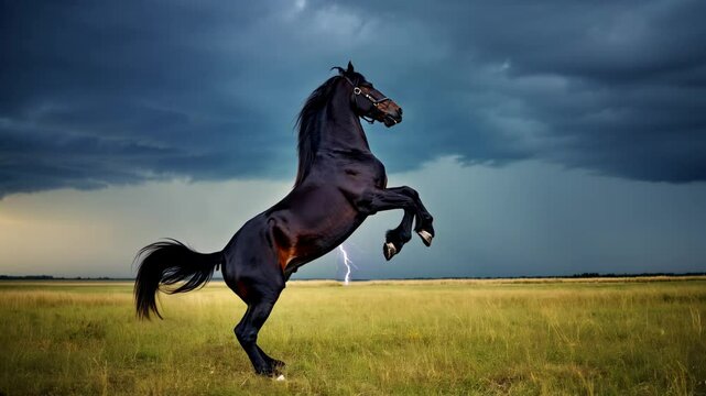 Majestic black stallion rearing in open field with thunderstorm and lightning in the background.