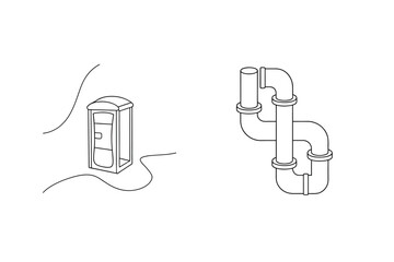 Black line art of portable toilet and plumbing pipe structure on white background