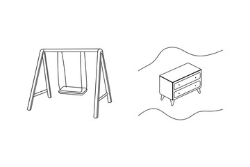 Minimalist line art illustration of a swing set and mid century modern dresser